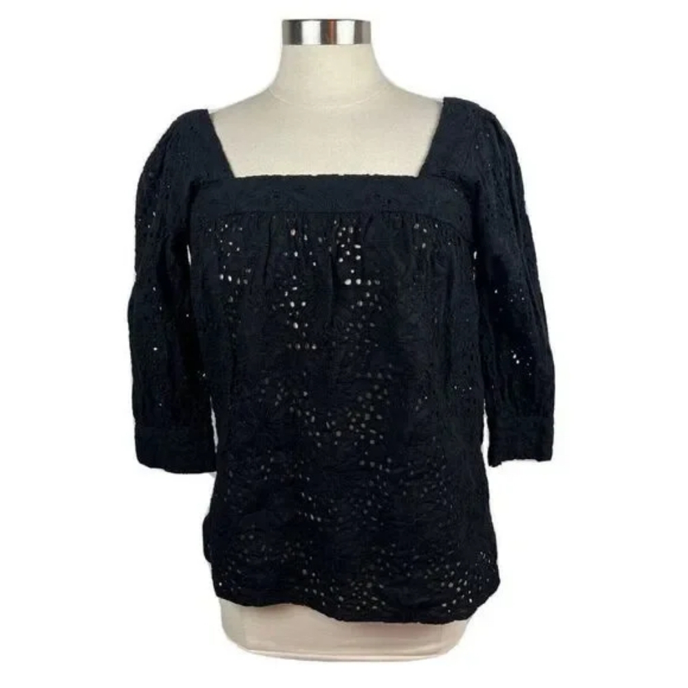 Milly Black Eyelet 3/4 Sleeves Cotton Casual Boho Square Neck Top Size 2